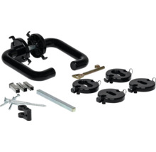 Schwarze Drückergarnitur aus Kunststoff mit Rundrosetten, Vierkantstift, Buntbartschlüssel und Schrauben für Innentüren.