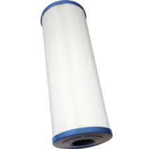 Zylindrische Poolfilter-Kartusche aus weißem Lamellengewebe mit blauen Endkappen.