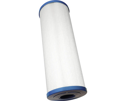 Zylindrische Poolfilter-Kartusche aus weißem Lamellengewebe mit blauen Endkappen.