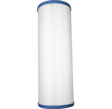 Zylindrische Filterkartusche aus plissiertem Vlies mit blauen Endkappen für Pools und Whirlpools.