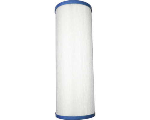 Zylindrische Filterkartusche aus plissiertem Vlies mit blauen Endkappen für Pools und Whirlpools.