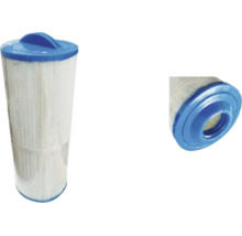 Filterkartusche für Pools mit weißem Lamellenfilter, blauen Endkappen und integriertem Griff.