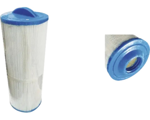 Filterkartusche für Pools mit weißem Lamellenfilter, blauen Endkappen und integriertem Griff.