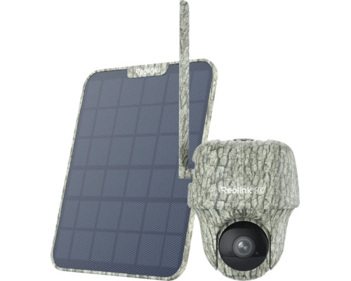 Reolink 4K Überwachungskamera mit Solarpanel im Tarnmuster für den Außenbereich.