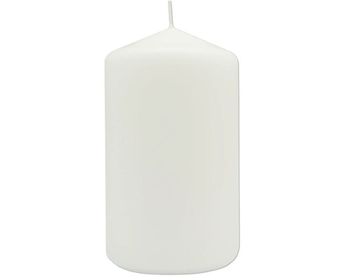Weiße Stumpenkerze aus Wachs in zylindrischer Form.