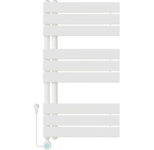 Elektrischer Handtuchheizkörper mit flachen Querlamellen, asymmetrisches Design, inklusive Thermostat und Stecker.