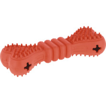 Roter Hundeknochen aus Gummi mit Noppenstruktur und geriffeltem Mittelteil zur Zahnpflege.