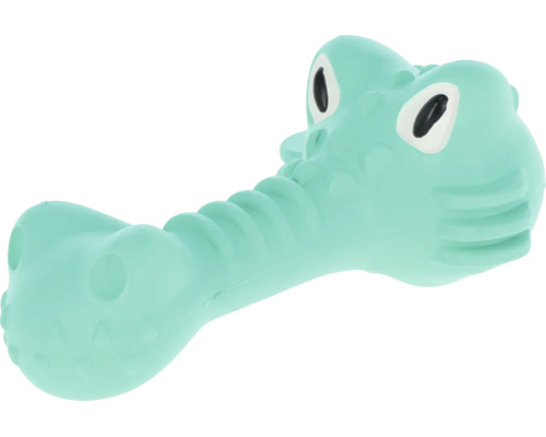 Hundespielzeug aus Gummi in Krokodilform mit strukturierter Oberfläche zur Massage des Zahnfleisches.