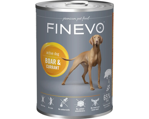 FINEVO Nassfutter für aktive Hunde mit Wildschwein und Johannisbeere, getreidefrei und ohne Soja.