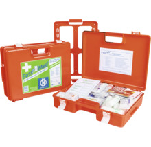 Erste-Hilfe-Box Easy Med Standard für Büro und Lager aus Kunststoff inklusive Wandhalterung und Inhalt wie Verbandsmaterial und Anleitungen.