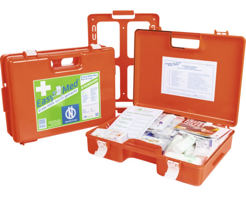 Erste-Hilfe-Box Easy Med Standard für Büro und Lager aus Kunststoff inklusive Wandhalterung und Inhalt wie Verbandsmaterial und Anleitungen.