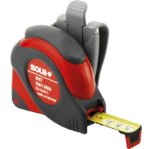 Rotes und graues SOLA Rollmaßband BIGT, 5 Meter lang, 19 Millimeter Bandbreite, Genauigkeitsklasse I, mit Gürtelclip und Feststeller.