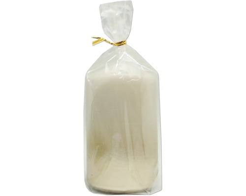 Stumpenkerze in transparenter Folienverpackung mit goldenem Verschluss.