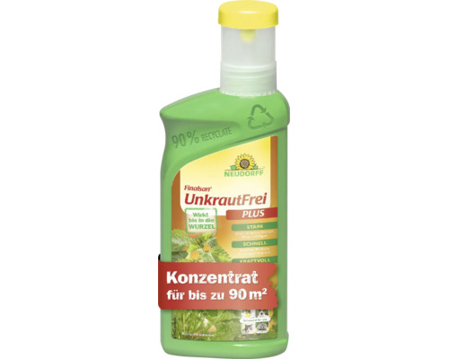 Neudorff Finalsan UnkrautFrei PLUS Konzentrat für bis zu 90 Quadratmeter, grüne Flasche mit gelber Kappe, 90 Prozent Rezyklat.