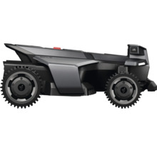 Mähroboter Segway Navimow in der Seitenansicht mit markanten Profilrädern und futuristischem Gehäuse.