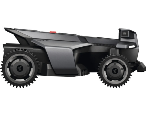 Mähroboter Segway Navimow in der Seitenansicht mit markanten Profilrädern und futuristischem Gehäuse.