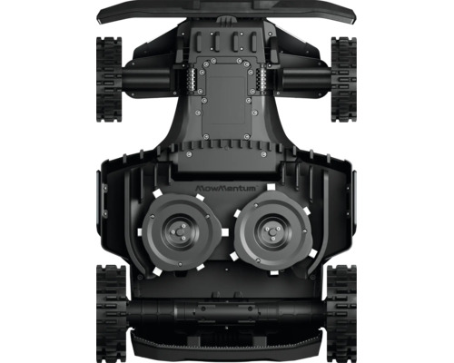 Unterseite eines Mähroboters mit zwei Messertellern, profilierten Rädern und MowMentum Logo.