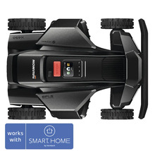 Segway Navimow Mähroboter in der Draufsicht mit Bedienfeld, Stopp Taste und grobstolligen Rädern, kompatibel mit Smart Home by hornbach.
