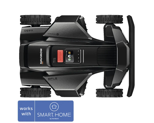 Segway Navimow Mähroboter in der Draufsicht mit Bedienfeld, Stopp Taste und grobstolligen Rädern, kompatibel mit Smart Home by hornbach.