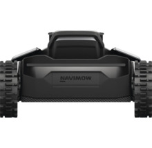 Mähroboter Navimow in Schwarz mit grobstolligen Hinterrädern und Navimow-Schriftzug in der Rückansicht.