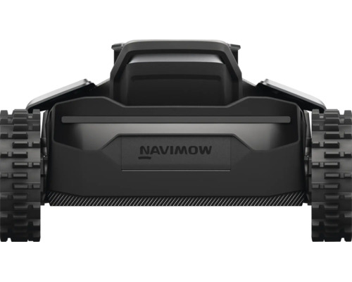 Mähroboter Navimow in Schwarz mit grobstolligen Hinterrädern und Navimow-Schriftzug in der Rückansicht.