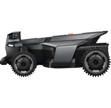 Segway Navimow Mähroboter in Schwarz und Grau mit profilierten Rädern in der Seitenansicht.