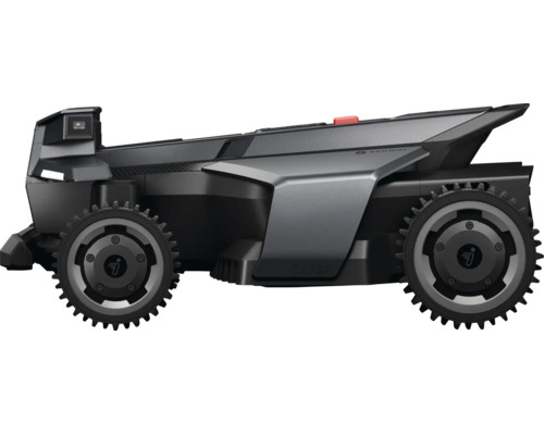 Segway Navimow Mähroboter in Schwarz und Grau mit profilierten Rädern in der Seitenansicht.