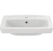 Weißes Keramik-Waschbecken in rechteckiger Form mit Hahnloch und Überlauf.