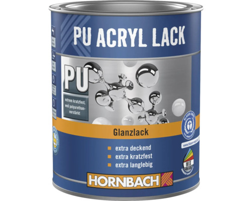 Hornbach Polyurethan-verstärkter Acryllack, Glanzlack, extrem kratzfest, extra deckend, langlebig, umweltfreundlich zertifiziert, Hornbach Logo.