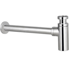 Verchromter Flaschensiphon aus Metall für Waschbecken mit waagerechtem Abgangsrohr und Wandrosette.