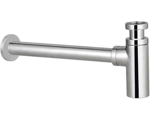 Verchromter Flaschensiphon aus Metall für Waschbecken mit waagerechtem Abgangsrohr und Wandrosette.