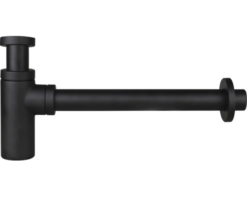 Flaschensiphon in Matt Schwarz mit waagerechtem Abgangsrohr und Wandrosette.
