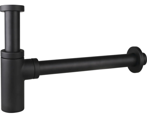 Flaschensiphon für Waschbecken aus Metall in Schwarz matt inklusive Wandrohr und Rosette.