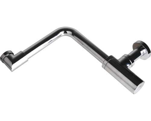 Verchromter Design-Siphon für Waschbecken aus Metall.