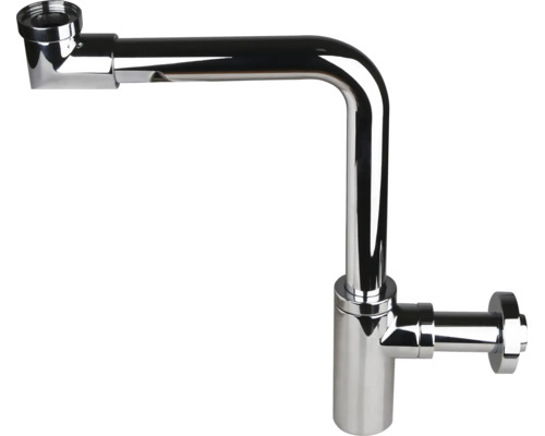 Flaschensiphon aus verchromtem Metall für Waschbecken.