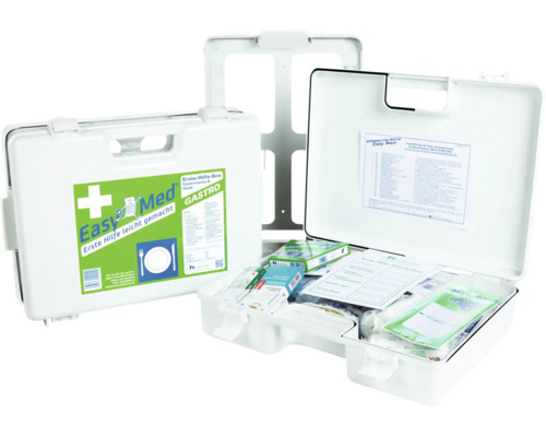 Erste-Hilfe-Box Gastro für Gastronomie und Hotel aus Kunststoff inklusive Füllung und Wandhalterung.