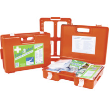 Oranger Easy Med Erste-Hilfe-Koffer für das Baugewerbe inklusive Wandhalterung, gefüllt mit Verbandmaterial nach Norm.