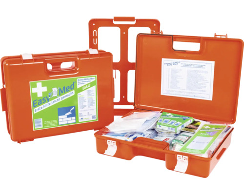 Oranger Easy Med Erste-Hilfe-Koffer für das Baugewerbe inklusive Wandhalterung, gefüllt mit Verbandmaterial nach Norm.