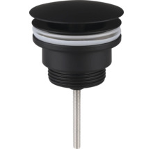 Schwarze Pop-up Ablaufgarnitur für Waschbecken mit weißer Dichtung und Gewindestange aus Metall.