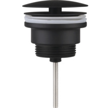 Ablaufgarnitur für Waschbecken in Schwarz matt mit weißer Dichtung und Gewindestange.
