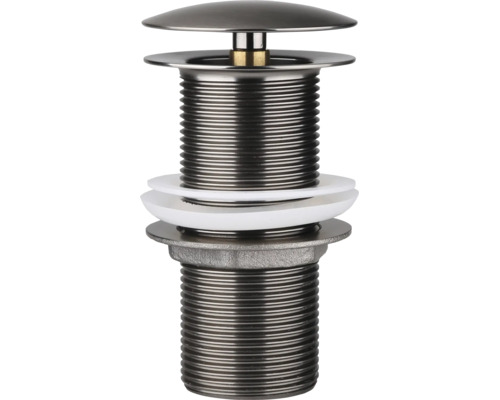 Pop-up Ablaufventil für Waschbecken aus Metall mit Gewinde und Dichtungsringen.