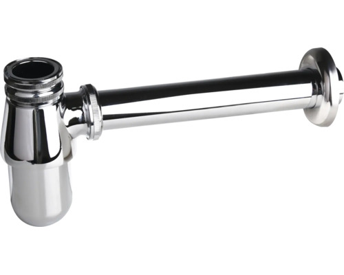 Verchromter Flaschensiphon aus Metall für Waschbecken.