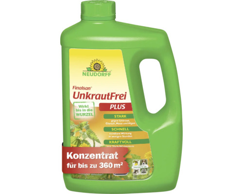 Neudorff Finalsan UnkrautFrei Plus Konzentrat zur Unkrautbekämpfung in einer grünen Flasche mit Griff, für bis zu 360 Quadratmeter.
