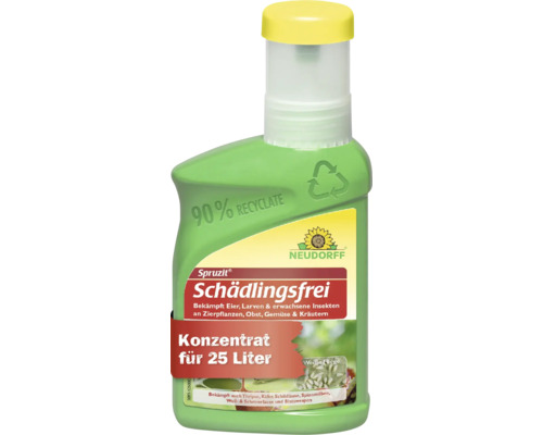 Neudorff Spruzit Schädlingsfrei Konzentrat für 25 Liter in einer grünen Flasche aus 90 Prozent Recyclat.