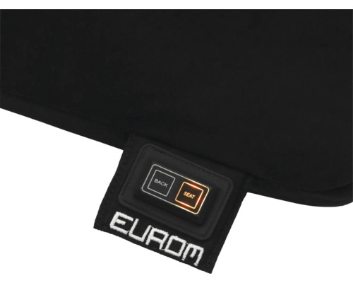 Eurom Logo auf einem Bedienfeld mit Tasten für Rücken- und Sitzheizung.