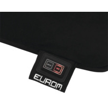 Bedienfeld eines schwarzen Eurom Heizkissens mit Tasten für Rücken und Sitz sowie Eurom Logo.