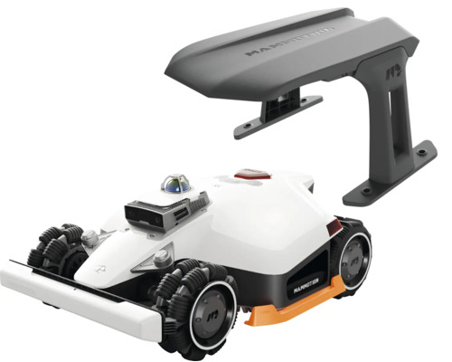 Mammotion Mähroboter mit Allradantrieb und passender Garagenabdeckung.
