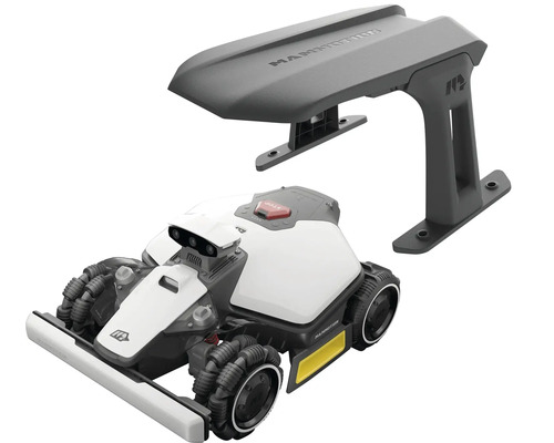 Weißer Mammotion Mähroboter mit Allradantrieb und einer grauen Referenzstation für die Satellitennavigation.