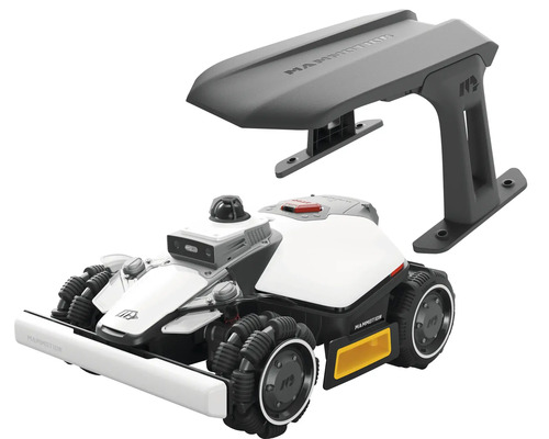 Mammotion Mähroboter mit Allradantrieb und grauem Wetterschutzdach zur Wandmontage.