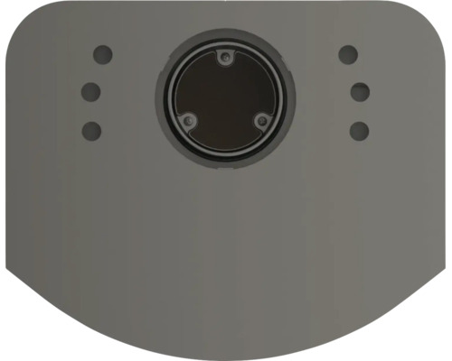 Graue Montageplatte aus Metall mit zentraler runder Öffnung und sechs Befestigungslöchern.